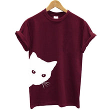 Load image into Gallery viewer, Burgandy t-shirt with a white cat face peeking  cat graphic Casual Funny Cat T-Shirt - Burgandy - JBCoolCats
