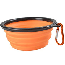 Load image into Gallery viewer, Orange silicone pet bowl with black rim and carabiner Marmalade Mischief - JBCoolCats