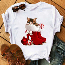 Load image into Gallery viewer, White t-shirt featuring a Christmas-themed design of a kitten sitting in a red holiday boot with candy canes and ornaments -Christmas Puss & Boots Shirt - Christmas - JBCoolCats