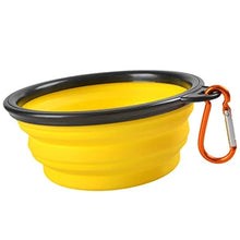 Load image into Gallery viewer, Yellow collapsible dog bowl with black rim and orange carabiner Collapsible Silicone Pet Water Bowl - Sunpaws Yellow - JBCoolCats