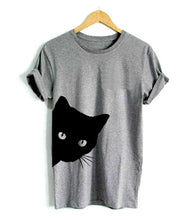 Load image into Gallery viewer, Gray t-shirt with a black peeking  cat graphic Casual Funny Cat T-Shirt - Clothing - JBCoolCats