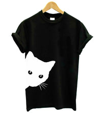 Load image into Gallery viewer, Black t-shirt with a white cat face peeking  cat graphic Casual Funny Cat T-Shirt - Black - JBCoolCats