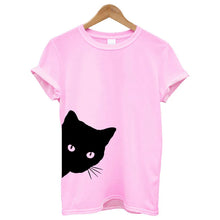 Load image into Gallery viewer, Pink t-shirt with a t-shirt with a Black cat face peeking  cat graphic Casual Funny Cat T-Shirt - Pink - JBCoolCats