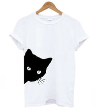 Load image into Gallery viewer, White t-shirt with a t-shirt with a Black cat face peeking  cat graphic Casual Funny Cat T-Shirt - White - JBCoolCats