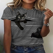Load image into Gallery viewer, Person wearing a black and white striped t-shirt with a black cat  peeking out graphic. Stripe and Seek: The Curious Cat T-Shirt - Clothing - JBCoolCats