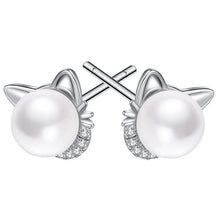 Load image into Gallery viewer, Silver Cat ear-shaped pearl earrings showing stud back - JBCoolCats