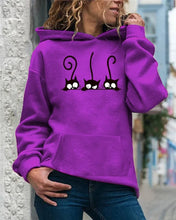 Load image into Gallery viewer, Person wearing a purple hoodie with cartoon cat designs - Peeking Purrfection Kittie Hoodie - Mystic Purple Meow - JBCoolCats