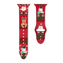 Load image into Gallery viewer, Christmas-themed watch bands with Santa Claus, reindeer, and snowman designs on a red background. Christmas Apple iWatch Band - North Pole Parade - JBCoolCats