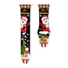 Load image into Gallery viewer, Christmas-themed watch bands with Santa Claus, reindeer, and snowman designs on a black background. Christmas Apple iWatch Band - Midnight Merriment - JBCoolCats