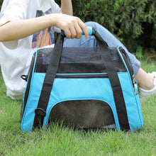 Load image into Gallery viewer, Blue pet carrier with black mesh sides held by a person on grass -  Features - JBCoolCats