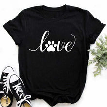 Load image into Gallery viewer, Black t-shirt with 'love' and paw print design Cute Love Paw Print T Shirt - Shadow Pounce - JBCoolCats