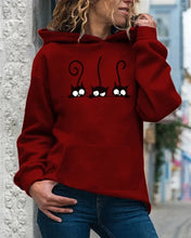 Load image into Gallery viewer, Person wearing a burgundy  hoodie with cat designs, Peeking Purrfection Kittie Hoodie Purrberry Burgundy Wine - JBCoolCats