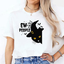 Load image into Gallery viewer, Person wearing a white t-shirt with a black cat graphic and 'EW PEOPLE' Witchy Catitude ‘Ew People’ Tee - Orange - JBCoolCatst
