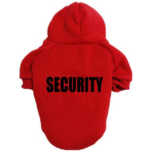 Load image into Gallery viewer, Red pet hoodie with 'SECURITY' printed on the back - JBCoolCats