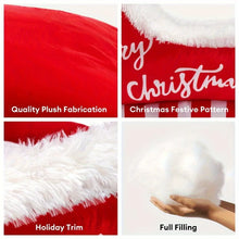 Load image into Gallery viewer, Collage of a red pillow with white text and festive trim, highlighting quality plush fabric, Christmas pattern, holiday trim, and full filling. - Feline Express Sleigh Bed - features - JBCoolCats