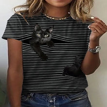 Load image into Gallery viewer, Person wearing a gray and white striped t-shirt with a black cat cat  peeking out graphic. Stripe and Seek: The Curious Cat T-Shirt - Shadow Pounce - JBCoolCats