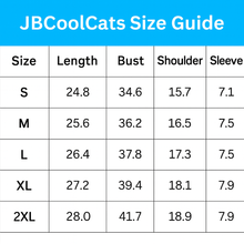 Load image into Gallery viewer, Stripe and Seek: The Curious Cat T-Shirt – Size Chart - JBCoolCats