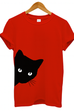 Load image into Gallery viewer, Red t-shirt with a t-shirt with a Black cat face peeking  cat graphic Casual Funny Cat T-Shirt - Red - JBCoolCats