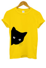 Load image into Gallery viewer, Yellow t-shirt with a t-shirt with a Black cat face peeking  cat graphic Casual Funny Cat T-Shirt - Yellow - JBCoolCats