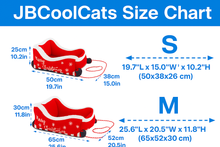 Load image into Gallery viewer, Size chart for JBCoolCats products showing small (S) and medium (M) sizes with dimensions Feline Express Sleigh Bed - Size Chart - JBCoolCats