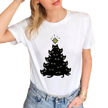 Load image into Gallery viewer, A woman wearing a white T-shirt with a graphic of a black cat Christmas tree, Stacked with Sass Christmas Tree Cat T-Shirt – Christmas – JBCoolCats
