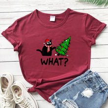 Load image into Gallery viewer, Oh No! Cat & Christmas Tree Shirt - Burgandy - JBCoolCats