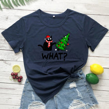 Load image into Gallery viewer, Oh No! Cat & Christmas Tree Shirt - Navy Blue - JBCoolCats