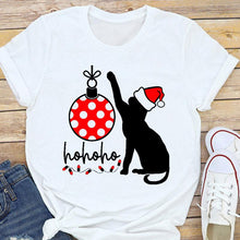 Load image into Gallery viewer, A white crew neck t-shirt with a graphic print of a black cat wearing a Santa hat and the text 'HoHoHo' along with Christmas-themed decorations like polka dots and lights.HoHoHo-liday Cat T-Shirt - Christmas - JBCoolCats