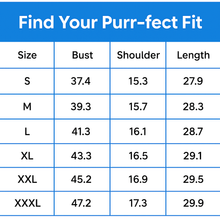 Load image into Gallery viewer, Measurement chart titled 'Find Your Purr-fect Fit' with size chart for bust, shoulder, and length.  Cat Chat Mood Tee - Clothing - JBCoolCats