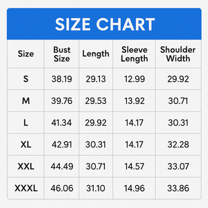 Size chart for clothing with measurements in inches -   JBCoolCats