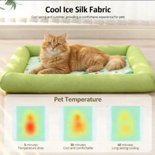 Load image into Gallery viewer, 
Green pet bed with a ginger cat on it, featuring text about cool ice silk fabric and temperature drop. Cool Cat Summer Silk Retreat Bed - Features - JBCoolCats