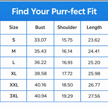 Load image into Gallery viewer, Size chart for clothing with measurements in inches- Paw Cat Love Heart - JBCoolCats