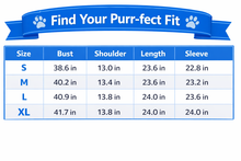 Load image into Gallery viewer, Size chart for clothing with 'Find Your Purr-fect Fit' text and paw prints. Mischief Meow Cozy Cat Sweater - Size Chart - JBCoolCats