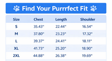 Load image into Gallery viewer, Table displaying size chart for pet clothing with measurements in inches. Chic Silhouette Cat Tee - Size Chart - JBCoolCats