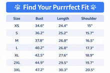 Load image into Gallery viewer, Size chart for clothing with measurements in inches for bust, length, and shoulder. Paws &amp; Applause T-shirt -Size Chart - JBCoolCats