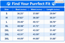 Load image into Gallery viewer, A blue and white size chart titled 'Find Your Purrfect Fit' with paw-print icons . The table lists sizes S through 3XL with measurements for bust, waist, and length in inches. Moonlit Meow Magic Dress – Size Chart - JBCoolCats