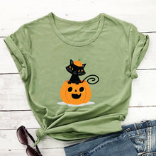 Load image into Gallery viewer, Fun Halloween Cat &amp; Pumpkin T-Shirts - Cat in the Pumpkin Olive - JBCoolCats