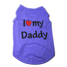 Load image into Gallery viewer, Purple pet shirt with &#39;I ❤️ my Daddy&#39; text on a white background – JBCoolCats