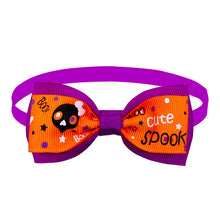 Load image into Gallery viewer, Cat Collar Halloween Bowties Too - Purple with Orange  Spook Pattern - JBCoolCats