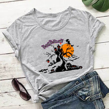 Load image into Gallery viewer, Fun Halloween Cat &amp; Pumpkin T-Shirts - Spooky Halloween Gray - JBCoolCats