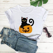 Load image into Gallery viewer, Fun Halloween Cat &amp; Pumpkin T-Shirts - Happy Cat and Pumpkin White - JBCoolCats