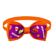 Load image into Gallery viewer, Cat Collar Halloween Bowties Too - Orange with Purple Candy Pattern - JBCoolCats