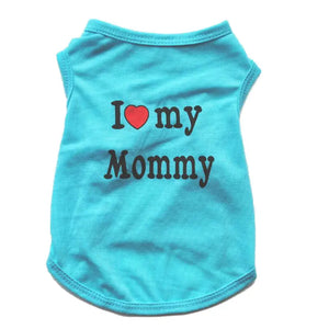 Blue pet shirt with 'I ❤️ my Mommy' text on a white background – JBCoolCats
