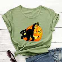 Load image into Gallery viewer, Fun Halloween Cat &amp; Pumpkin T-Shirts - Scary Cat and Pumpkin Olive  - JBCoolCats