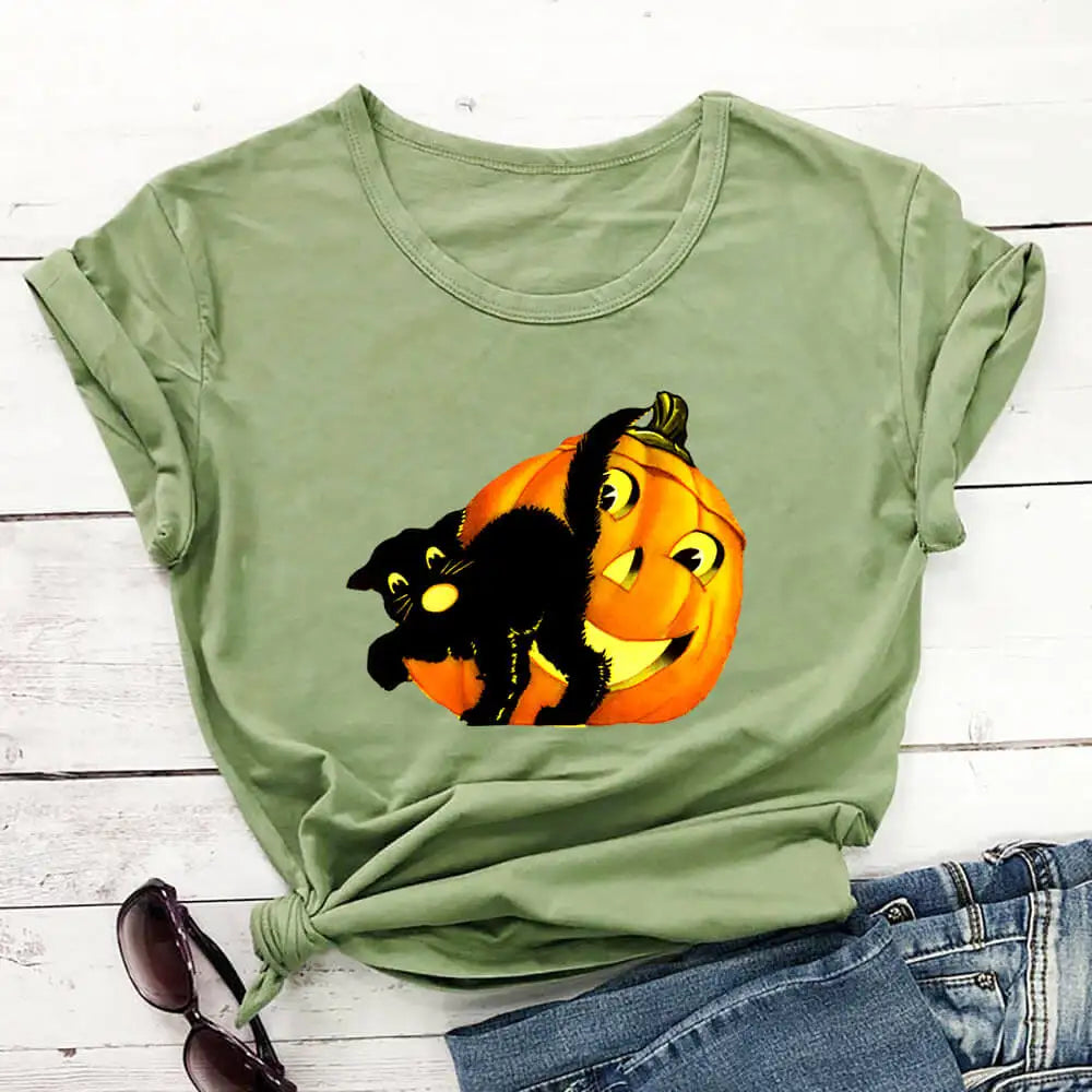 Fun Halloween Cat & Pumpkin T-Shirts - Scary Cat and Pumpkin Olive  - JBCoolCats