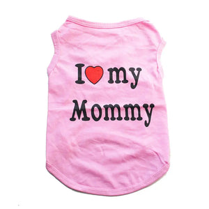 Pink pet shirt with 'I ❤️ my Mommy' text on a white background – JBCoolCats