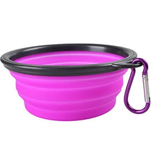 Load image into Gallery viewer, Collapsible purple pet bowl with black rim and purple carabiner - Royal Pawple -- JBCoolCats
