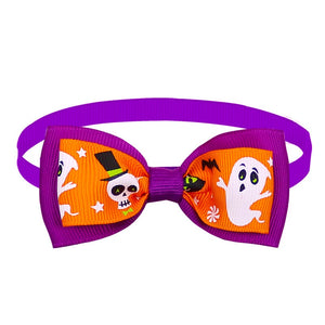 Cat Collar Halloween Bowties Too - Purple with Orange Ghost  Pattern - JBCoolCats