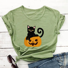 Load image into Gallery viewer, Fun Halloween Cat &amp; Pumpkin T-Shirts - Happy Cat and Pumpkin Olive - JBCoolCats