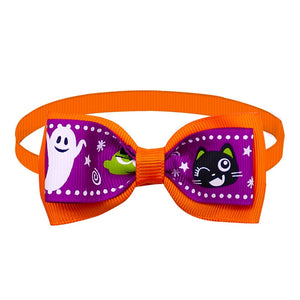 Cat Collar Halloween Bowties Too - Orange with Purple Ghost Pattern - JBCoolCats